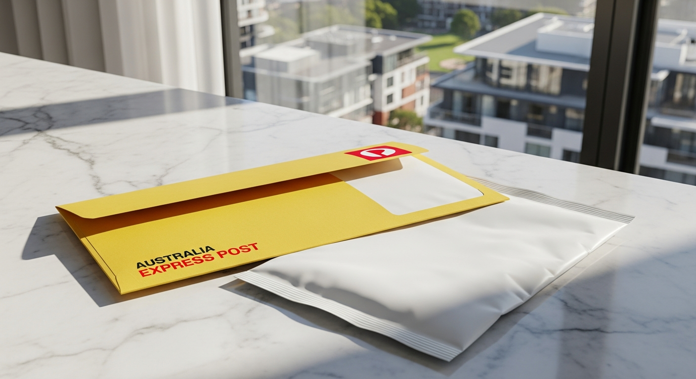 Australia Post Express envelope with discreet white inner bag on marble — fast discreet delivery Australia