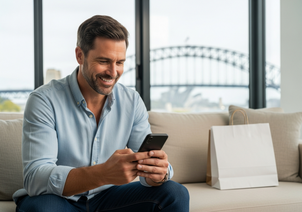 Confident man in Sydney apartment checking phone after discreet online purchase — harbour bridge view